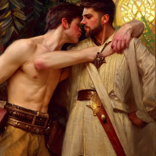 Image similar to attractive fully clothed king confesses his love for his attractive fully clothed male prince. highly detailed painting by gaston bussiere, craig mullins, j. c. leyendecker 8 k