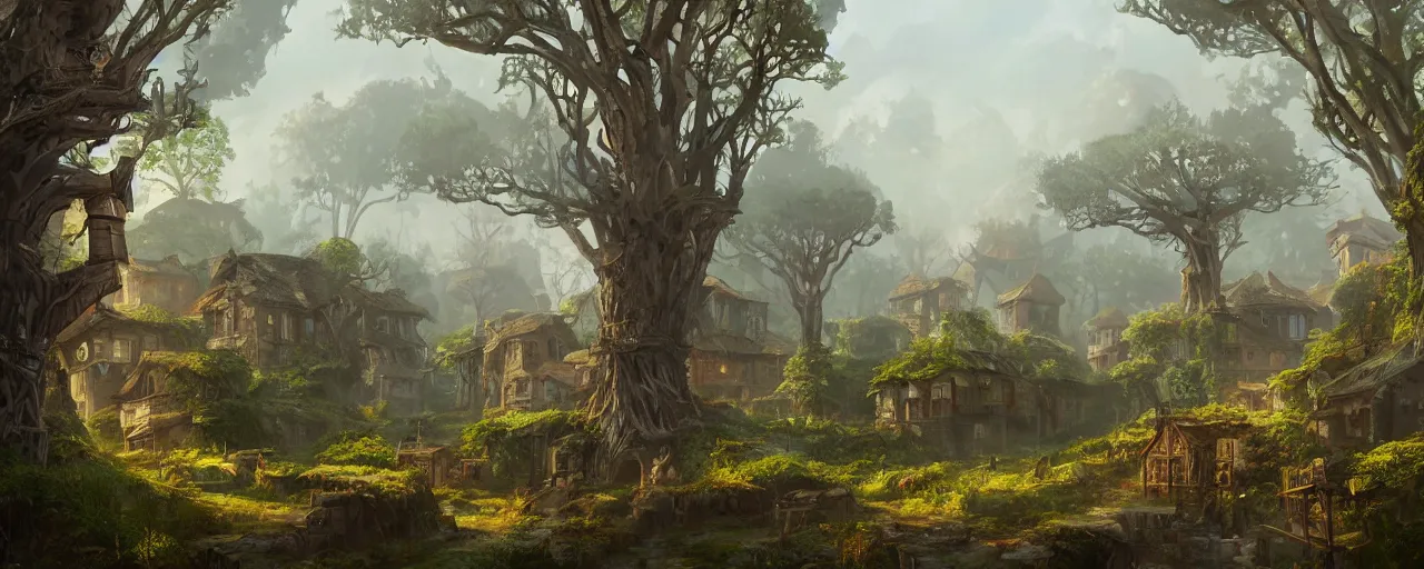 Prompt: a painting of a village located on top of trees in a wild forest, stunning intricate concept art by senior environment artist, cgsociety, fantasy art, matte painting, storybook illustration