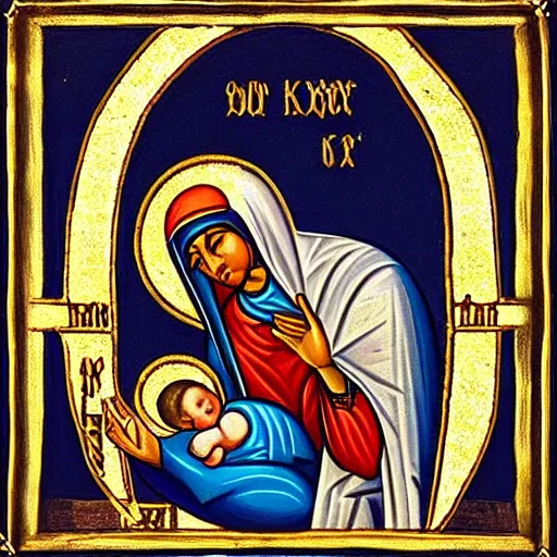Prompt: “The Virgin Mary kicking Baby jesus like a football Orthodox Iconography”