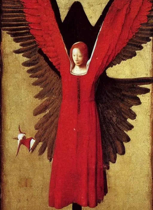 Image similar to Flying Fallen Angel with wings dressed in red, Medieval painting by Jan van Eyck, Johannes Vermeer, Florence