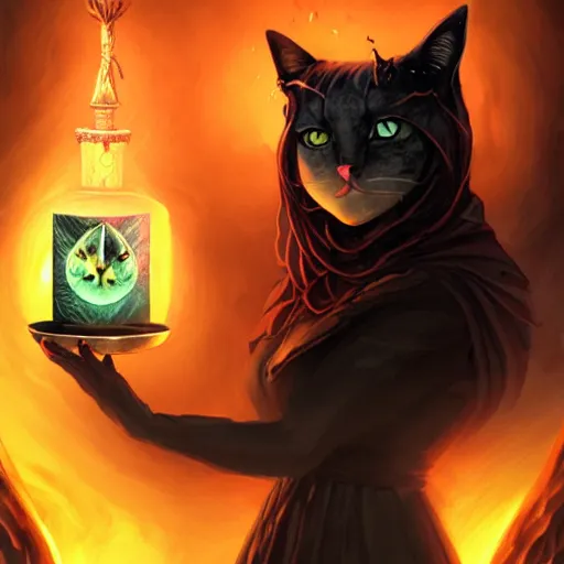 Image similar to Cat Witch, evil, brewing potion in witch Hut, magic the gathering artwork, horror, D&D, fantasy, cinematic lighting, centered, symmetrical, highly detailed, digital painting, artstation, concept art, smooth, sharp focus, illustration, volumetric lighting, epic Composition, 8k, art by Akihiko Yoshida and Greg Rutkowski and Craig Mullins, oil painting, cgsociety