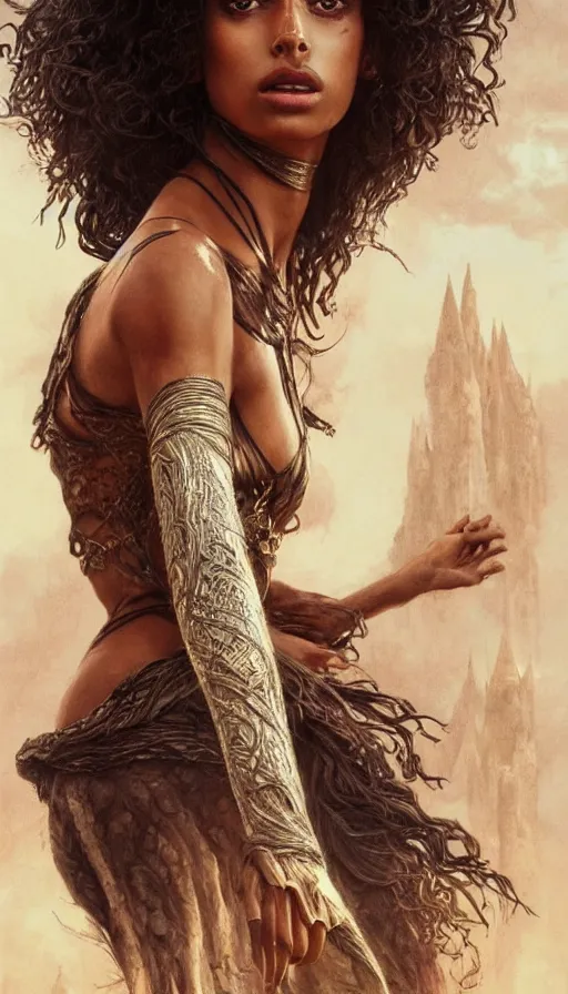 Prompt: imaan hammam, dancer, lord of the rings, sweaty insane, intricate, highly detailed, digital painting, artstation, concept art, smooth, sharp focus, illustration, unreal engine 5, 8 k, art by artgerm and greg rutkowski and alphonse mucha