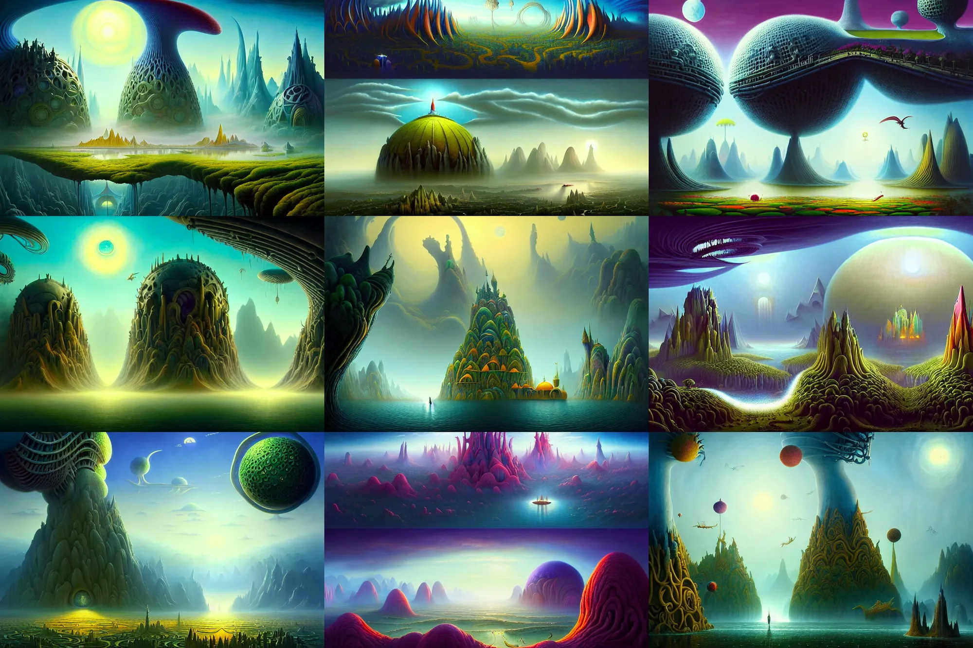 Prompt: a beautiful epic stunning amazing and insanely detailed matte painting of alien dream worlds with surreal architecture designed by Heironymous Bosch, mega structures inspired by Heironymous Bosch's Garden of Earthly Delights, vast surreal landscape and horizon by Asher Durand and Cyril Rolando and Gerald Brom and Filip Hodas, rich pastel color palette, masterpiece!!, grand!, imaginative!!!, whimsical!!, epic scale, intricate details, sense of awe, elite, fantasy realism, complex composition, 4k post processing