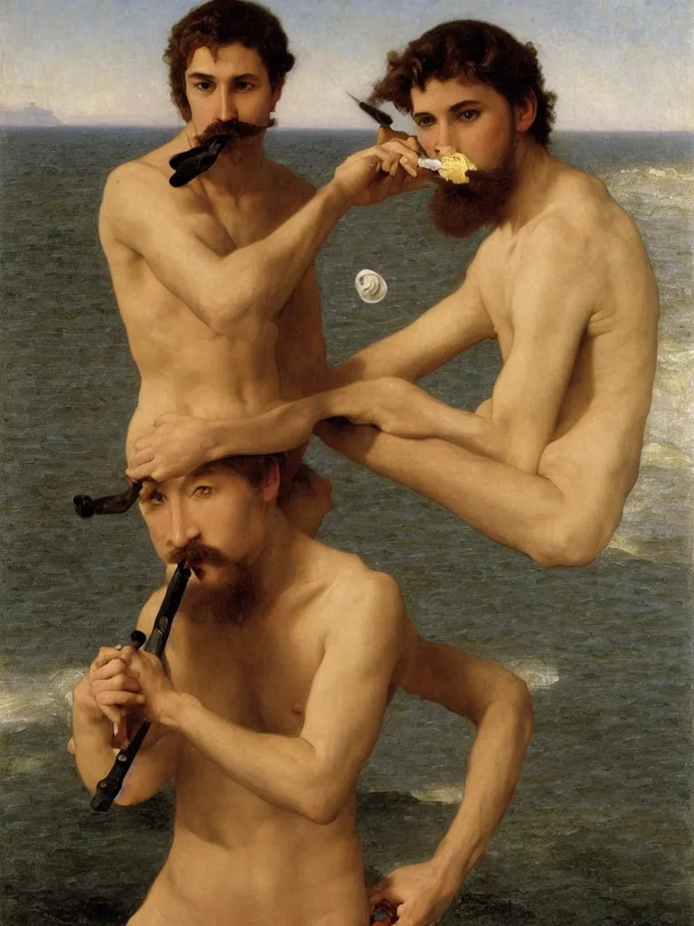 Prompt: long shot portrait of one young handsome danish man with mustache and muscles smoking a pipe in the sea, by bouguereau and by andrey remnev