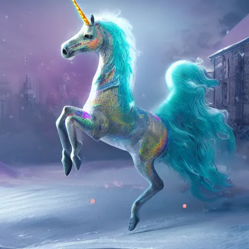 Image similar to a iridescent unicorn with wings is wounded in the snow, trail of blood follows behind it, nuclear winter, toxic smog in the sky, ultra realistic, concept art, intricate details, highly detailed, photorealistic, octane render, 8 k, style of mary jackson