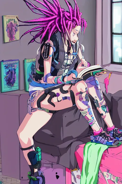 Image similar to concept art painting of an anime cybergoth girl with pink dreads on the floor reading a book in a cluttered 9 0 s bedroom, toon shading, cel shading, trending on artstation, fantasy concept art, stunning visuals, creative, cinematic, vaporwave colors, rendered by substance designer, lifelike,