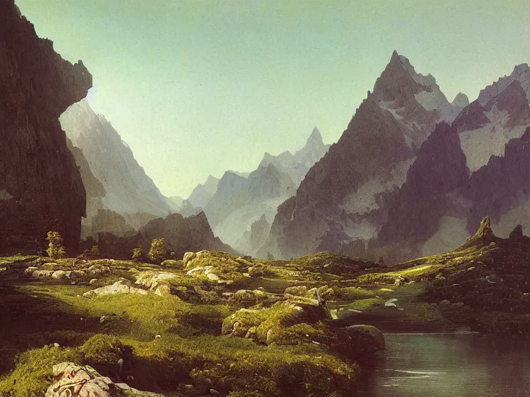Image similar to an oil painting of an alpine river and a distaint mountain on a beautiful morning by beksinski carl spitzweg and tuomas korpi. baroque elements, full-length view. baroque element. intricate artwork by caravaggio. Trending on artstation. 8k