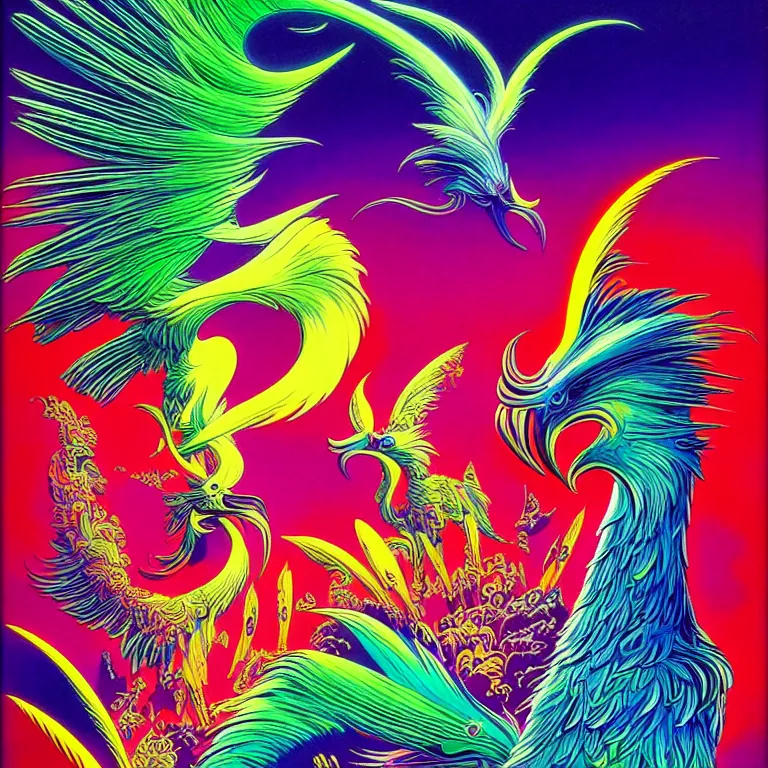 Image similar to mythical bird over infinite fractal volcanoes bright neon colors highly detailed cinematic eyvind earle tim white philippe druillet roger dean lisa frank aubrey beardsley hiroo isono