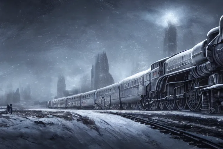 Image similar to a grand intricate futuristic black steam train next to a giant mammoth, post - apocalyptic ice landscape in snowstorm, concept art, artstation, highly detailed, digital art