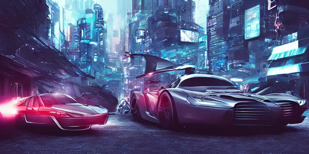Prompt: a cinematic illustration of a futuristic cyberpunk super car