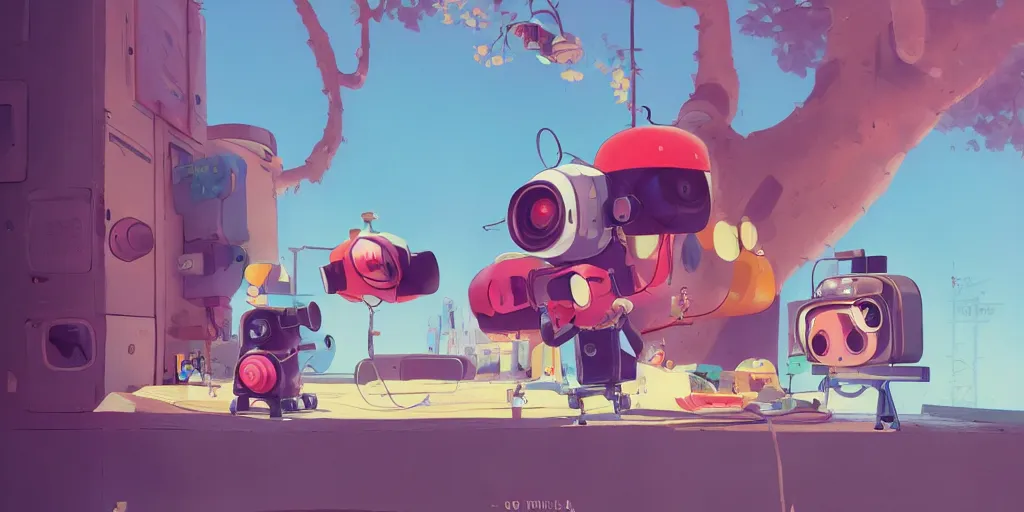 Prompt: Kawaii cartoon photographer with vintage camera by Goro Fujita and Simon Stalenhag , 8k, trending on artstation, hyper detailed, cinematic