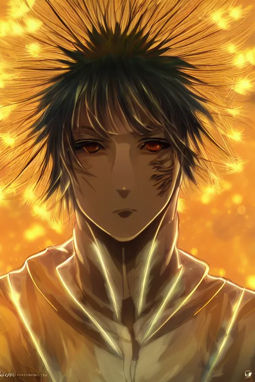 Image similar to amber glowing luminescent dandelion male anime character, symmetrical, highly detailed, digital art, sharp focus, trending on art station, amber eyes, autumnal colours