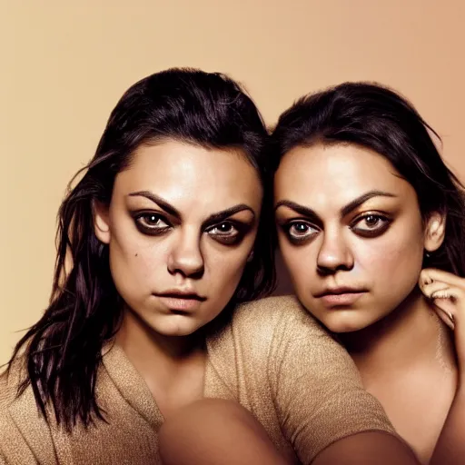 Prompt: Selfie photograph of Mila Kunis and Mila Kunis, light makeup, golden hour, 8k, photographed by Erwin olaf