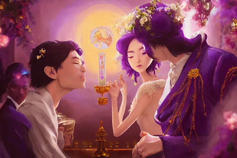 Image similar to a cinematic portrait of wedding photograph jpeg close up moment of a divine a japan sun god and moon goddess lovers magician at a wedding banquet. portraiture. digital painting. artstation. concept art. fantasy wedding photo. digital painting, 8 k realistic, hyper detailed, violet evergarden art masterpiece by art by krenz cushart