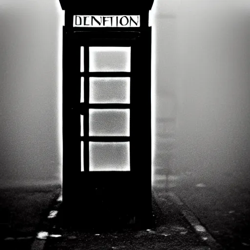 Prompt: “ grainy black and white photograph of a mysterious figure in a phone booth, vignette, film grain, foggy ”