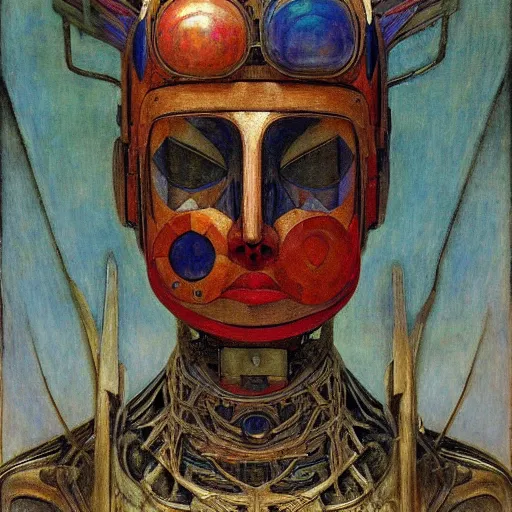 Image similar to the robot queen with her bird mask, by annie swynnerton and diego rivera and elihu vedder and jean delville, symbolist, dramatic lighting, elaborate geometric ornament, head and shoulders view, art brut, soft cool colors, smooth, sharp focus, extremely detailed, adolf wolfli, leo and diane dillon