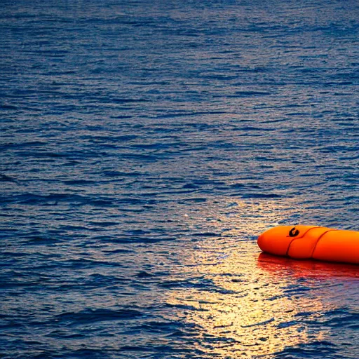 Image similar to an orange life raft drifts in a calm ocean, dramatic contrasting light, 135mm