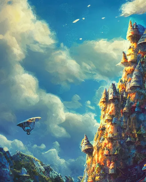 Image similar to flying cloud castle, mushroom buildings, illustration, bright, blue sky, mountains, colorful, cinematic lighting, fantasy, high detail, masterpiece, artstation, 4 k, art by wylie beckert