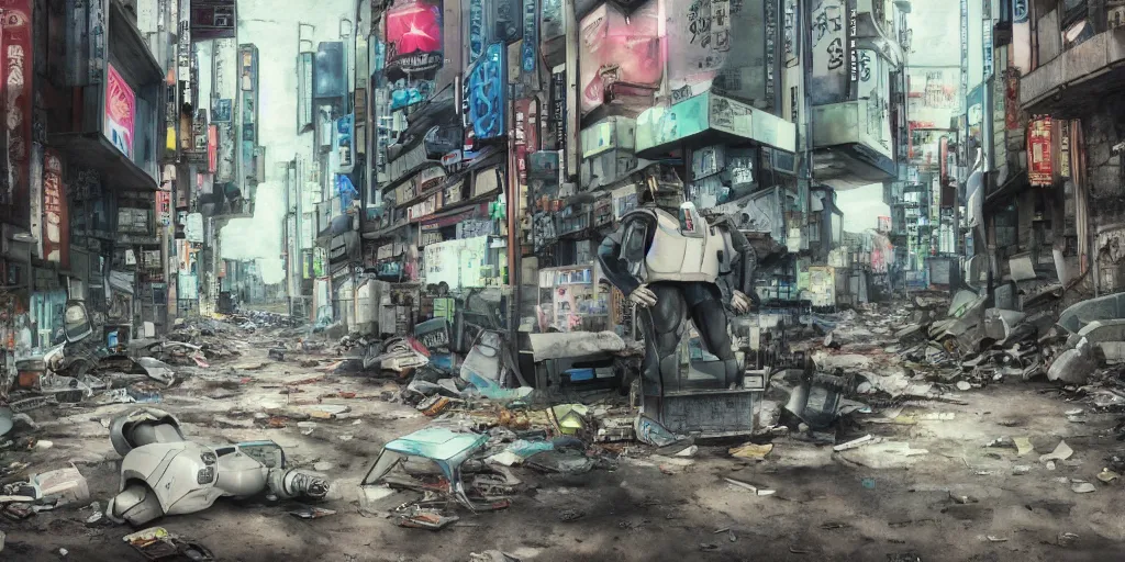 Image similar to a broken robot lying in a deserted shinjuku junk town, watercolor, ghost in the shell, soft bloom lighting, paper texture, bright sun bleached ground, vending machine, robot lurks in the background, koji morimoto, katsuya terada, genius party, animatronic, black smoke, pale, beige sky pencil marks, hd, 4k, remaster, dynamic camera angle, fish eye, dynamic scene