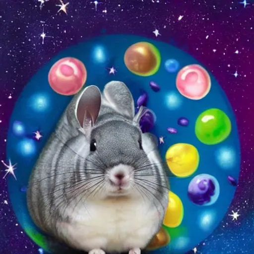Image similar to chinchilla with mean look in space with galaxy in background pooping rainbox jellybeans, rainbow jellybeans under chinchilla's tail