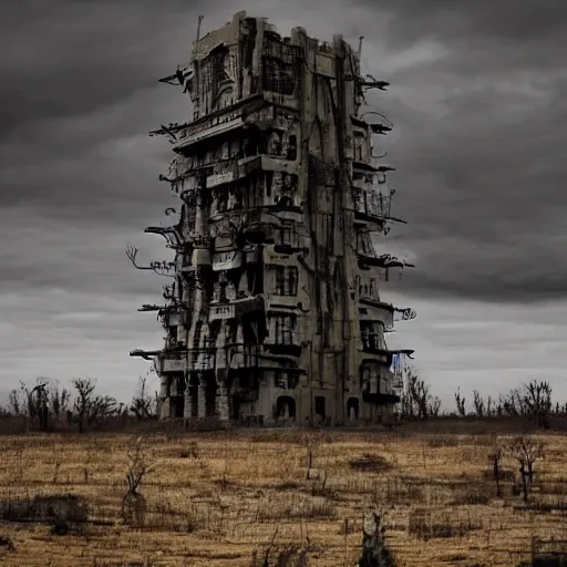 Image similar to giant evil bio-organic fleshy complex machine tower with tendrils and one eyeball at the top looking over a stormy post-apocalyptic wasteland, dystopian art