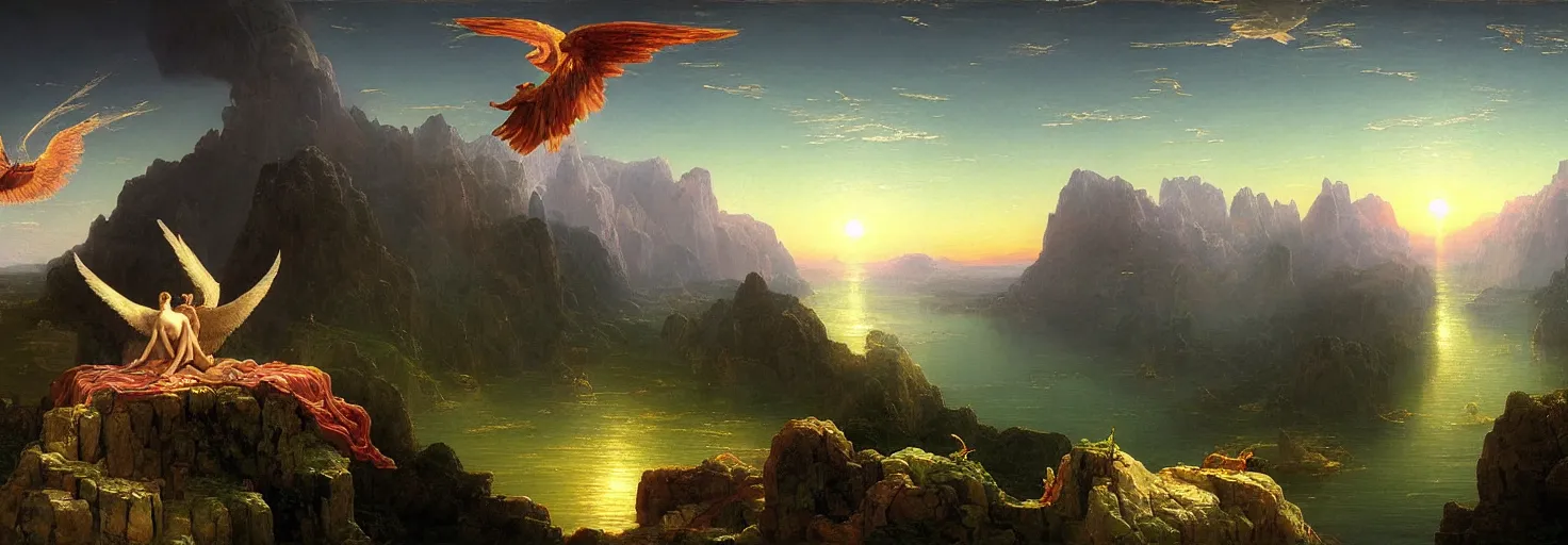 Prompt: Icarus with his wings on fire in a downward tailspin while Daedalus bows his head in disbelief from his workshop in the mountains below. in the style of a surreal and awe-inspiring thomas cole and albert Bierstadt digital art panoramic landscape painting at sunset. unreal engine, 4k, matte, exquisite detail, lens pop