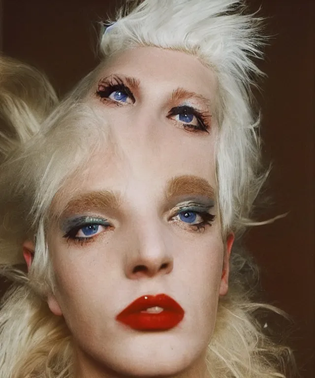 Image similar to a color photograph of a non binary model, platinum blonde, by nan goldin, intense, bold, hyperrealistic, ultra sharp, extra details, ultra high quality, trending on pinteresst