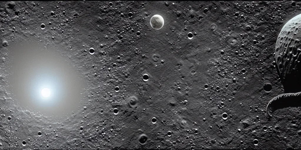 Image similar to 35mm giant cthulhu, photorealistic, long shot, epic, space from the moon showing earth in the background, moon lander