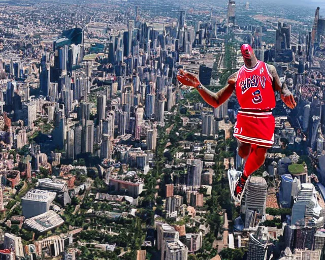 Image similar to dennis rodman t-posing in the air like jordan. he is flying over the city like a delicate little dove