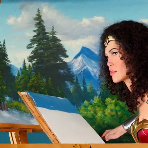 Image similar to a closeup photorealistic photograph of bob ross working on a canvas painting of wonder woman. film still. brightly lit scene. mountains and trees. this 4 k hd image is trending on artstation, featured on behance, well - rendered, extra crisp, features intricate detail, epic composition and the style of unreal engine.