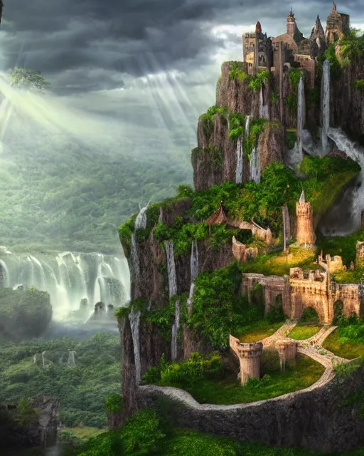 Image similar to a beautiful fantasy landscape of a large majestic medieval castle with lots of towers and huge walls on top of a lush cliff with a huge waterfalls in the middle, ruins of structures at the bottom, afternoon light streaking with god rays, ornate, detailed, octane render, 8k, trending on artstation deviantart google images, pinterest, canon 35mm lens