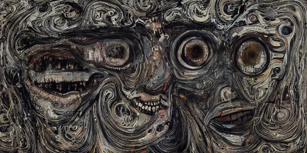 Prompt: camo made of eyes, technical, acrylic, teeth, eerie, tribal, clay, dotting, lines, stipple, points, cybernetic, style of old painting, francis bacon art, swirly eyes, hypnosis, eerie, terror, oil, neon, black and white background, splotches, colorful dots, ominous, terror, teeth, smiles