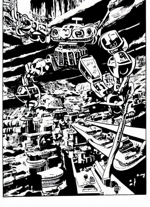 Prompt: comic book drawing of a giant mechanical robot crab at the grand canyon by jack kirby!!! and simon bisley, epic, awesome trendy color palette, black ink outlines