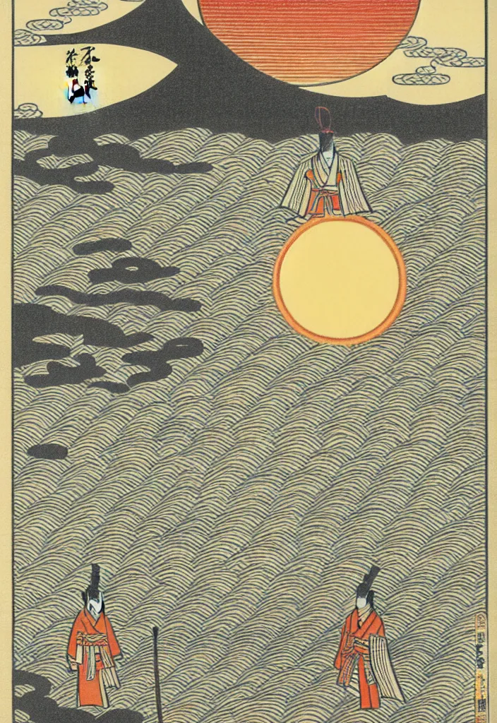 Image similar to prompt: Samurai standing in the middle of the lake with a big sun above him and clody skydrawn by TakatoYamamoto, Japanese woodblock print style, inspired by 1980's sci-ci, clean ink detailed line drawing, intricate detail, manga 1980