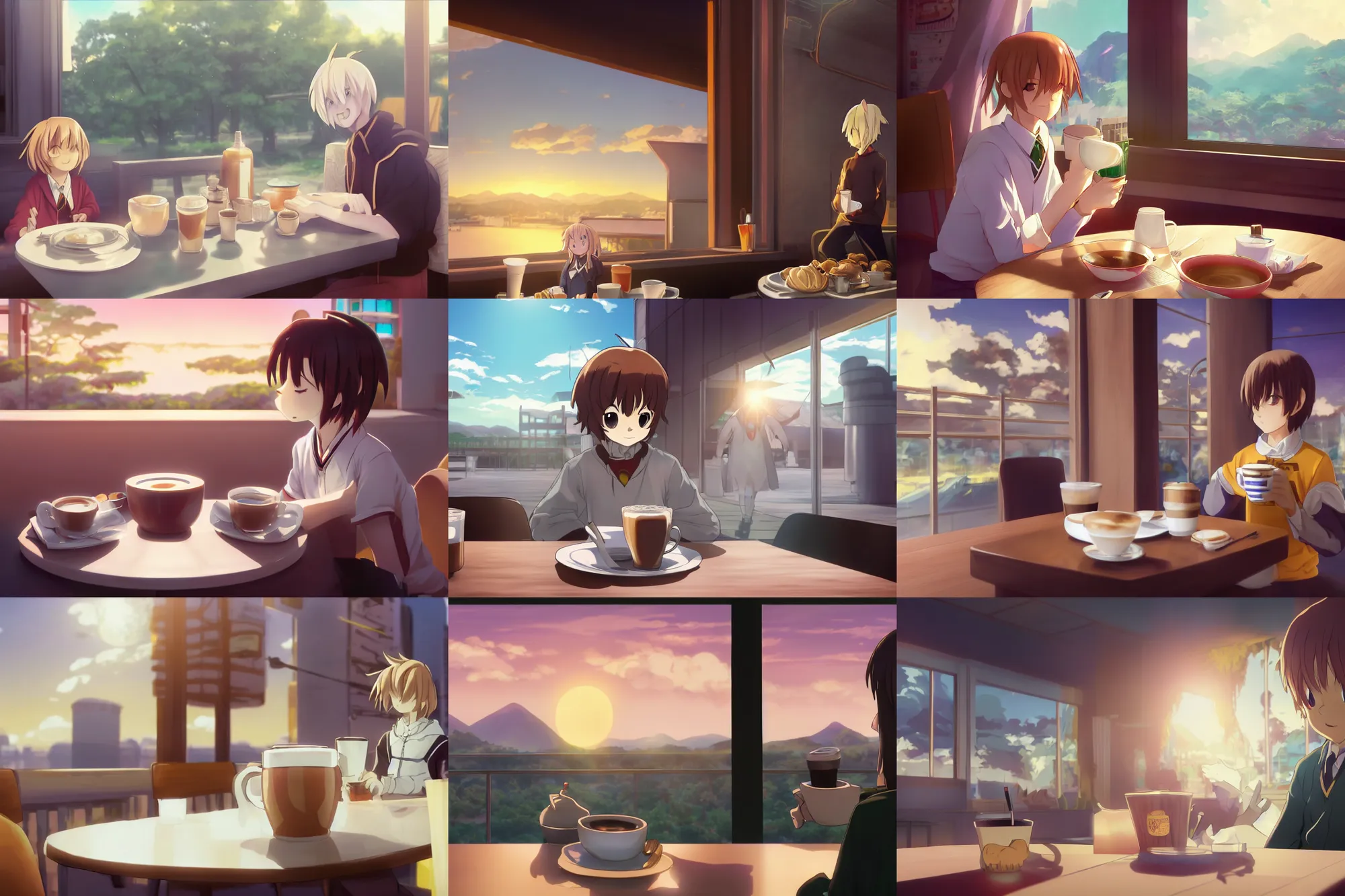 Prompt: photorealistic Asriel Dreemurr with coffee at a morning cafe, sunrise, anime key visual, digital art, anime screenshot, kyoto animation, makoto shinkai, trending on artstation
