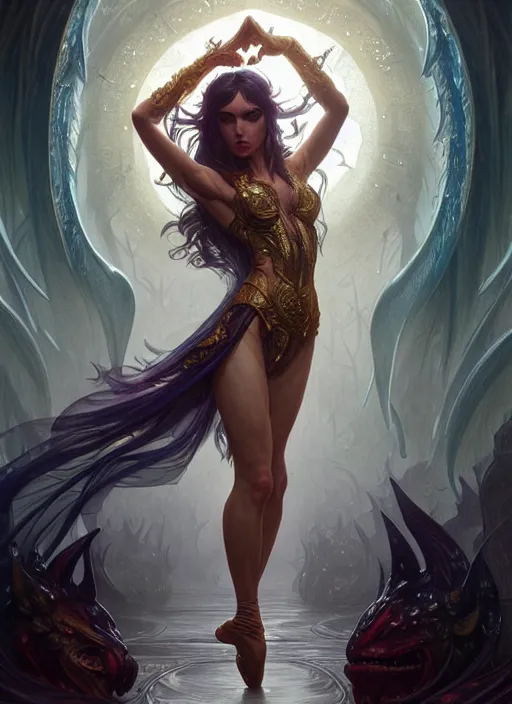 Prompt: dancer of the underworld, d & d, wet, shiny, fantasy, intricate, elegant, higly detailed, ultra definition, digital painting, artstation, unreal engine rendered, concept art, smooth, sharp focus, illustration, art by artgerm and greg rutkowski and alphonse mucha and garis edelweiss