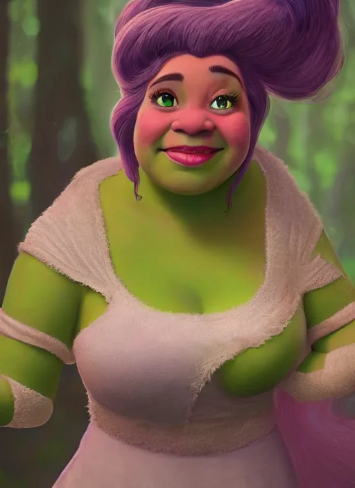 Image similar to portrait of shrek as a disney princess, au naturel, hyper detailed, digital art, trending in artstation, cinematic lighting, studio quality, smooth render, unreal engine 5 rendered, octane rendered, art style by klimt and nixeu and ian sprigger and wlop and krenz cushart.