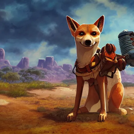 Image similar to stylized character concept art of the small cute dingo dog in the australia outback, hidari, color page, tankoban, 4 k, tone mapping, akihiko yoshida, clean bright happy adventure