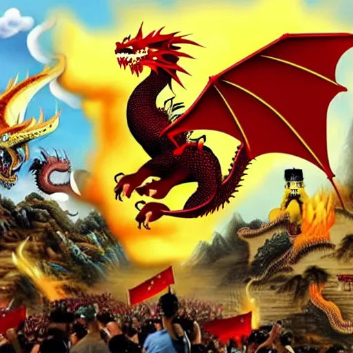 Image similar to Chinese president, bananas weapon, dragon, fight, flaming mountain, painting, epic