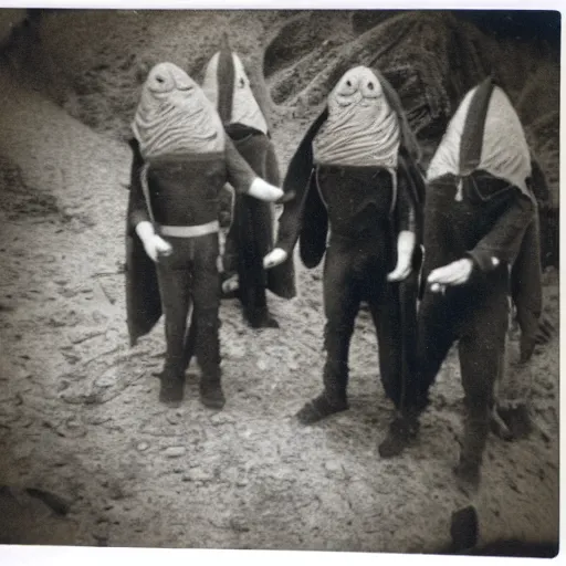 Image similar to really old polaroid photograph of horrorific extraterrestrial beings visiting earth,