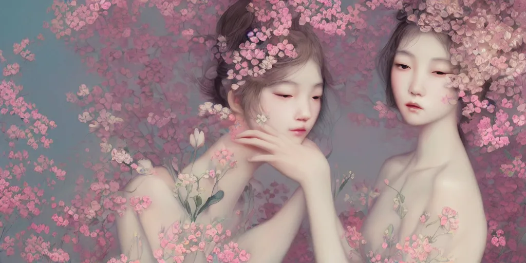 Image similar to delicate detailed concept art painting pattern blend of flowers and girls, by hsiao - ron cheng, bizarre compositions, exquisite detail, pastel colors, 8 k