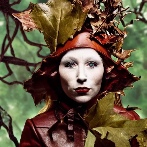 Image similar to a dnd deep gnome druid with leather clothing and leaves and sticks in her hair, photo by cindy sherman