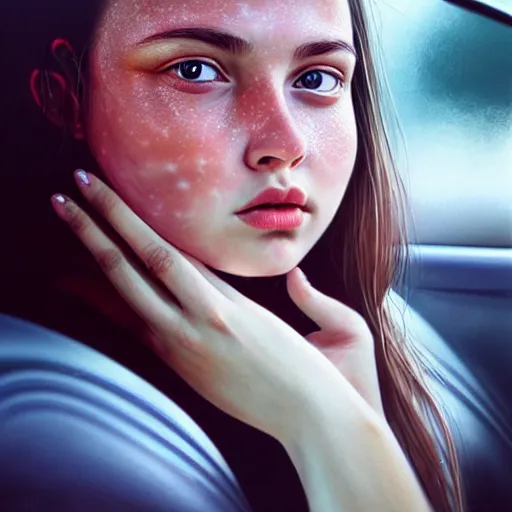 Image similar to beautiful hyperrealism hyperdetailed selfie of a cute young woman sitting in her car, flushed face, red blush, light freckles, puffy lips, soft features, 8 k, sharp focus, art by irakli nadar