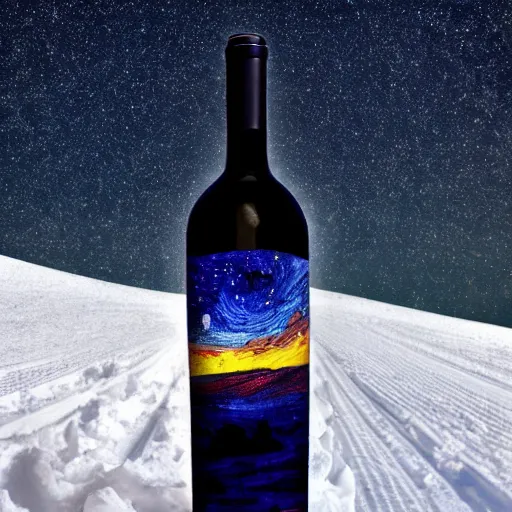 Prompt: wine bottle artistically buried in the snow, starry night sky