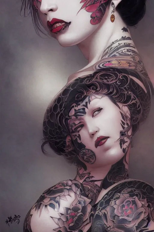 Image similar to portrait of goth yakuza girl tattoos, intricate, elegant, highly detailed, digital painting, artstation, concept art, smooth, sharp focus, illustration, art by artgerm and greg rutkowski and alphonse mucha and william-adolphe bouguereau