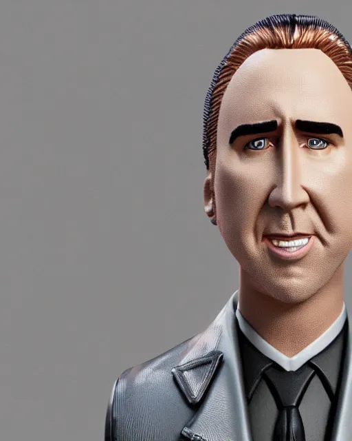 Prompt: full body 3d render of Nicolas Cage as a bobble head, studio lighting, white background, blender, trending on artstation, 8k, highly detailed , intricate details