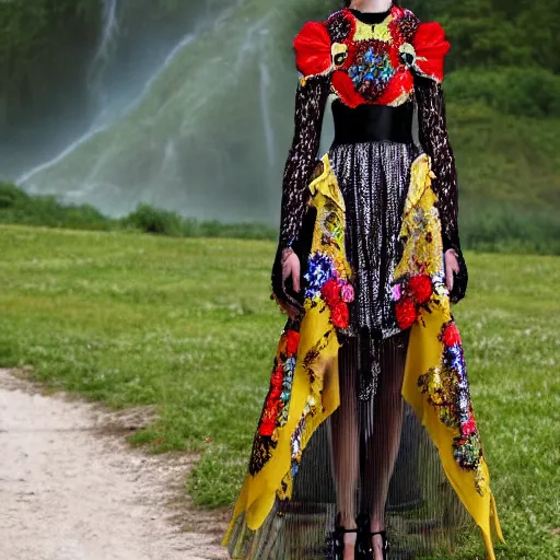 Prompt: hungarian cybernetic folk costume made by valentino resort ss 2 0 1 6, sheer layered floral dress, chain jewelry, coin veil, cute young model standing near a mystical mountain forest waterfalls, hologram flowers