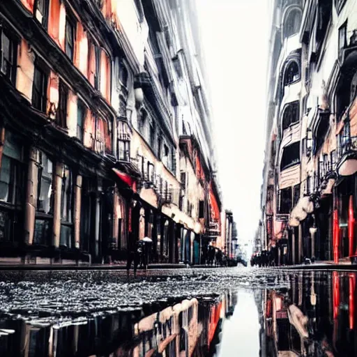 Prompt: a beautiful city in rainy day, reflection on the roads, lots of light, cars, people with umbrella, cinematic