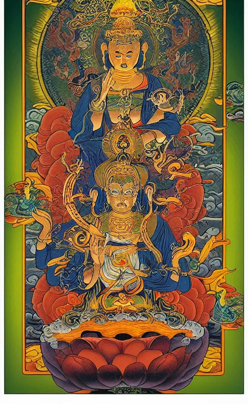 Image similar to Buddhist Tarot Card of Death and Rebirth, Dan Mumford Jeff Simpson Simon Bisley, Thangka