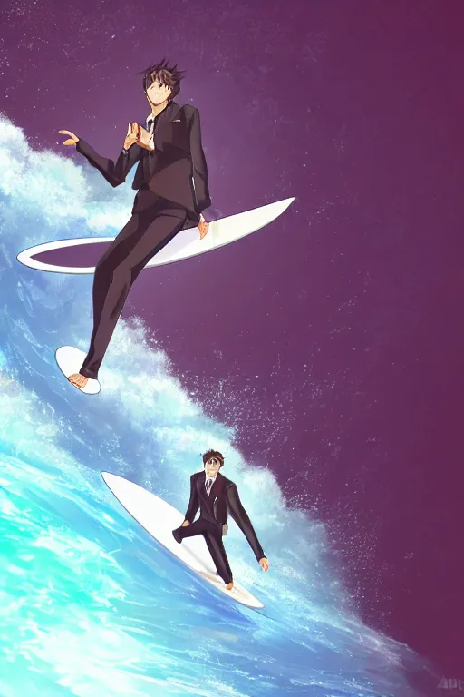 Image similar to anime guy in formal suit surfing through a wormhole using a high technology surfboard, wlop, trending on artstation, deviantart, anime key visual, official media, professional art, 8 k uhd